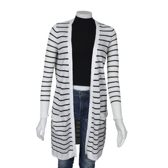 Halogen Linen Blend Long Cardigan Sweater Striped White Black Size XS - Picture 2 of 9